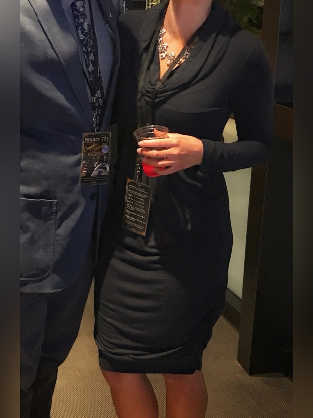Elegant Navy Long-Sleeve Cowl Neck Dress